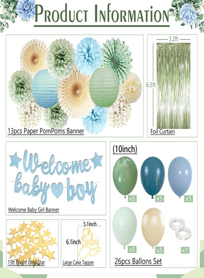 Vztipki Dusty Blue Sage Green Baby Shower Decorations -Welcome Baby Boy Banner, Retro Sea-blue Green Balloons, 'Oh Baby' Cake Topper, Pom Poms Flowers Paper Fan For Birthday Jungle Boho Blue-Party Décor - Image 2